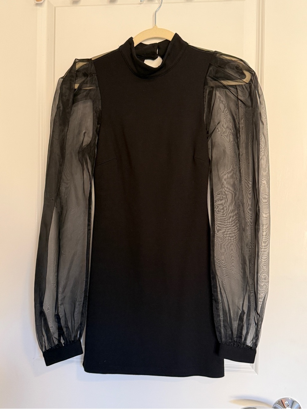 NBD Black Mock Neck Mini Dress with Sheer Puff Sleeves